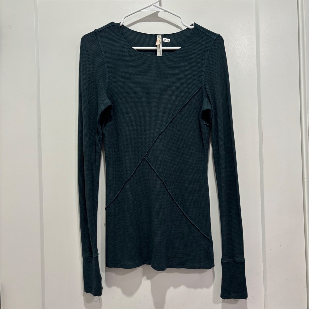 FP Movement Free People Teal Waffle Knit Long Sleeve Thermal Top Small Thumbhole